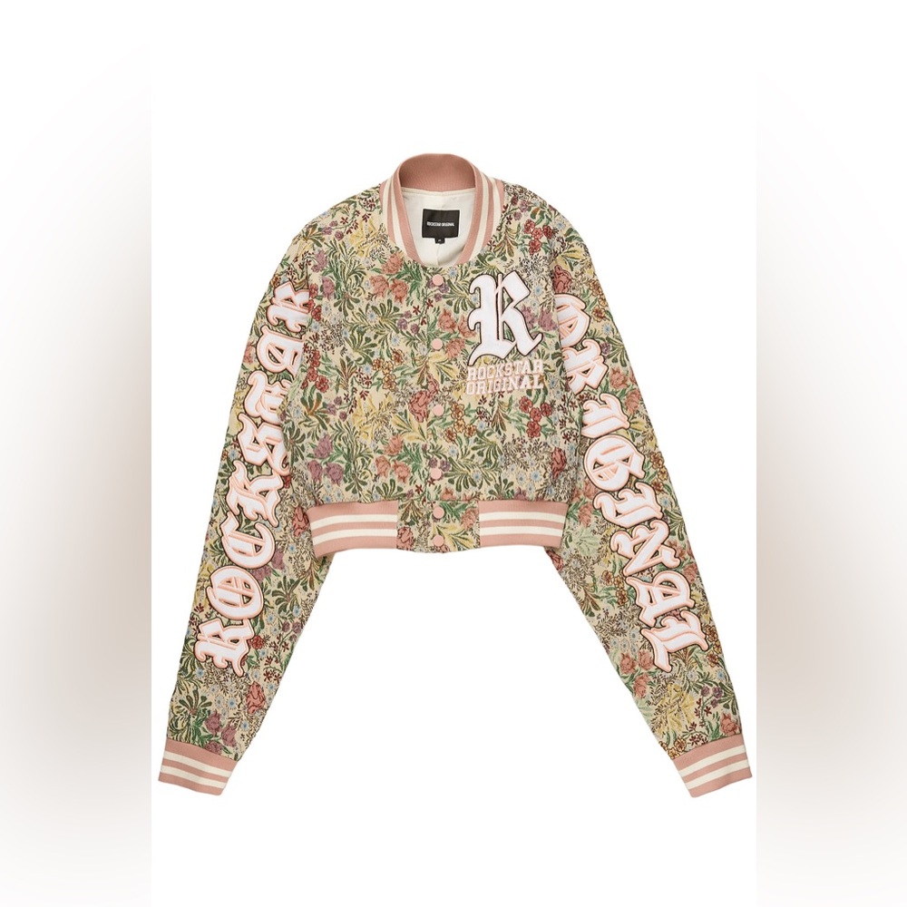 Tamia Beige Crop Tapestry Varsity Jacket & Stacked Pants…New - Picture 7 of 10